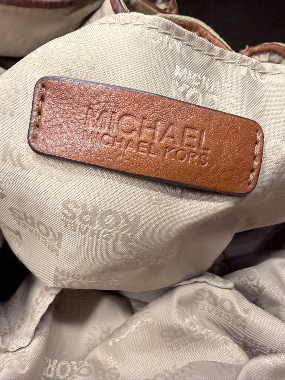 Michael Kors Beige MK Logo Drawstring Hobo with Brown Leather Handles